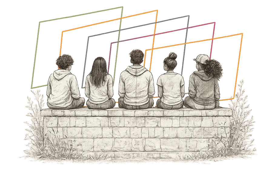 Illustration of five young people seated on a stone wall, seen from behind, with colored frames above them