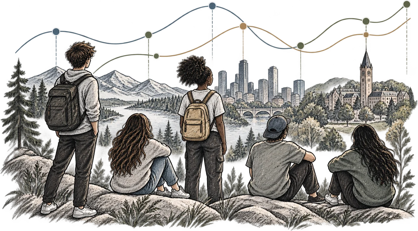 Illustration of five young people looking out over a lake, mountains and a university campus, with rising trend lines above them